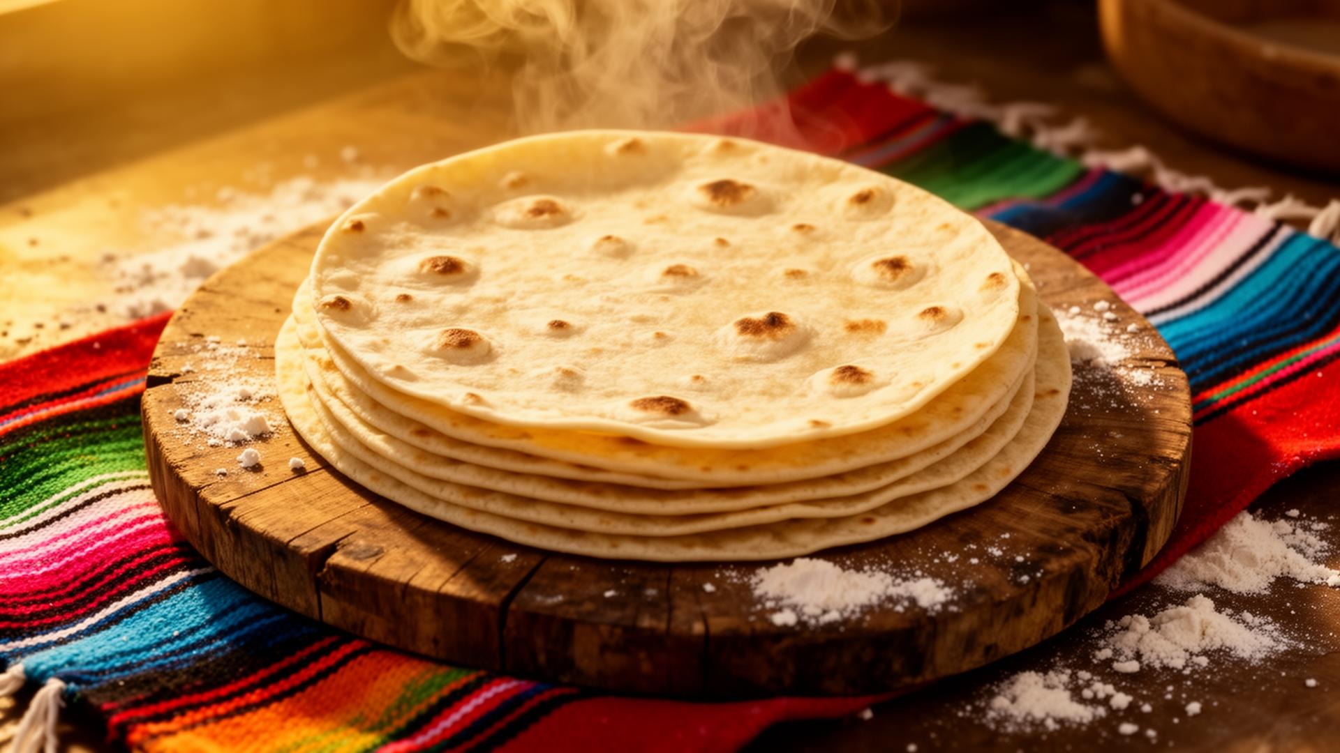 Stack of fresh handmade flour tortillas with steam rising